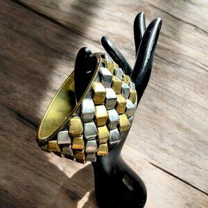 Vintage 1990s Brass and Silver Tone Metal Bangle Bracelet Wide